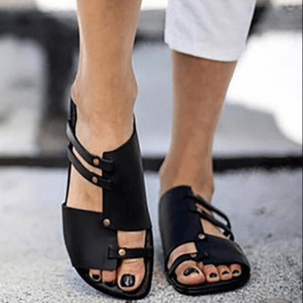 TAAFO Flat Leather Cutout Slide Open Toe Sandals
