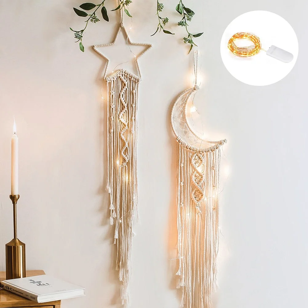 Moon Star Macrame Dream Catcher Wall Hanging Boho Room Decor Kids Girls Home Decoration With Led Light Gifts Dropshipping