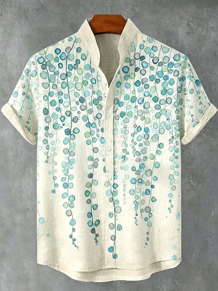 Men's Vintage Plant-dyed Floral Print Casual Cotton And Linen Short-sleeved Shirt  artssus