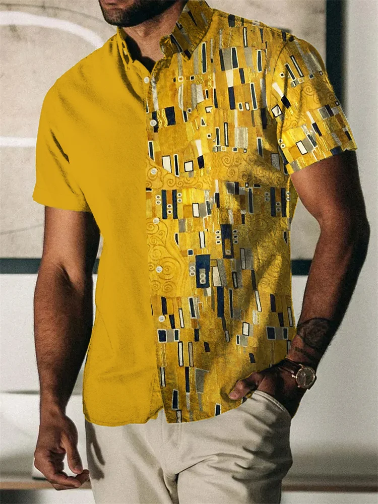 Men's Gold Art Print Short Sleeve Blouse