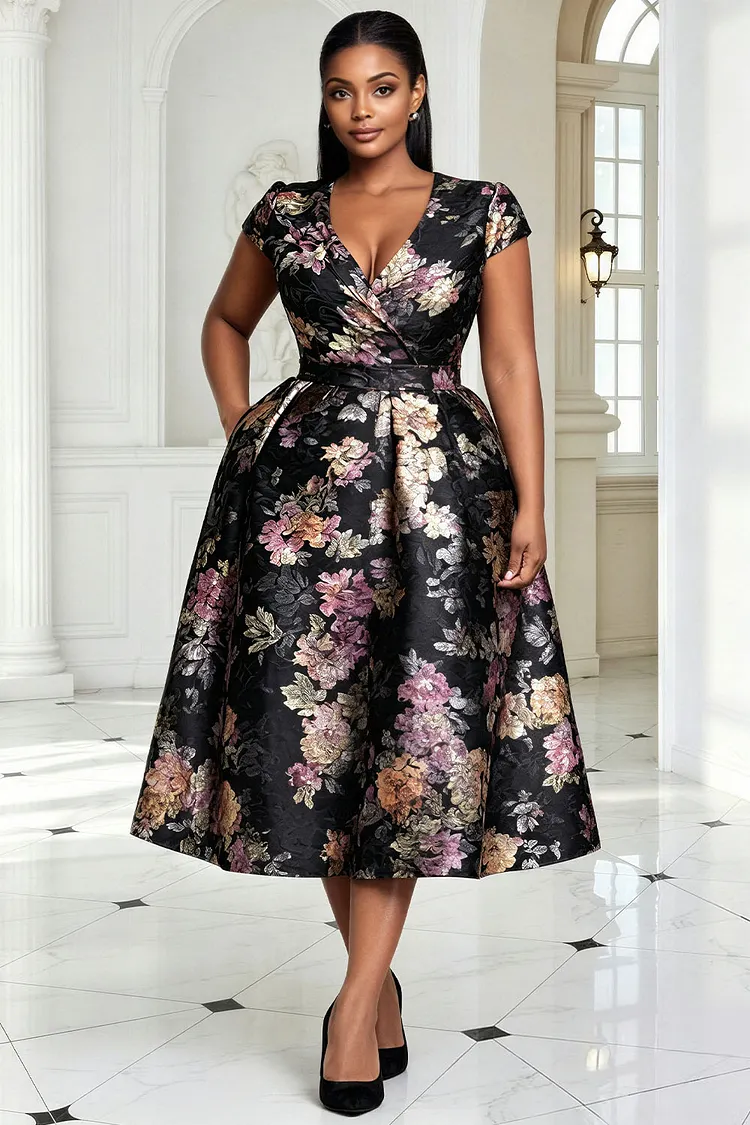 Xpluswear Design Plus Size Cocktail Party Black Floral V Neck Cap Sleeve Pocket Satin Midi Dresses [Pre-Order] 2024 - Xpluswear