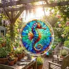 (25cm)DIY Acrylic Jigsaw Puzzle Window Hanging with Hanging Chain DIY Stained Glass Decoration Round Window Puzzle Decor for DIY Craft Project (Stained Glass Seahorse)
