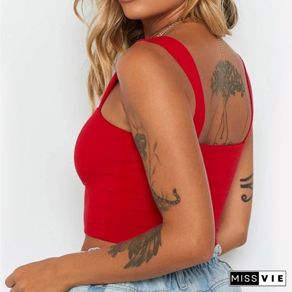 Women Short Tanks Tops Summer Beach Party Solid Color Fashion Backless Slash Neck Female Vest Crop Tops