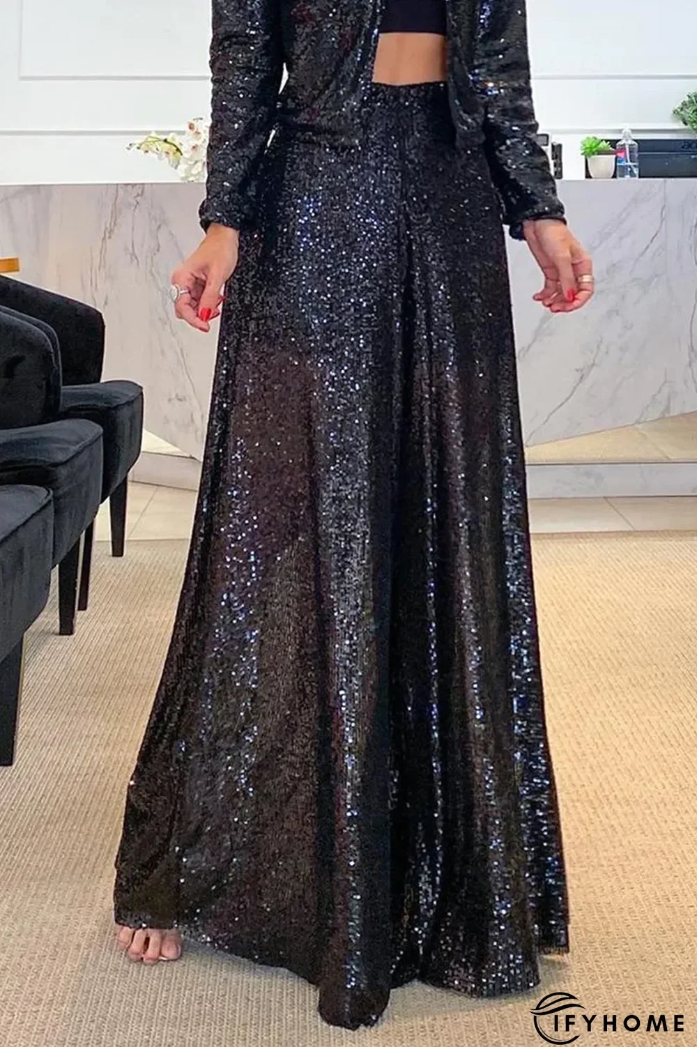 Casual Solid Sequins Loose Mid Waist Wide Leg Solid Color Bottoms(3 Colors) | IFYHOME