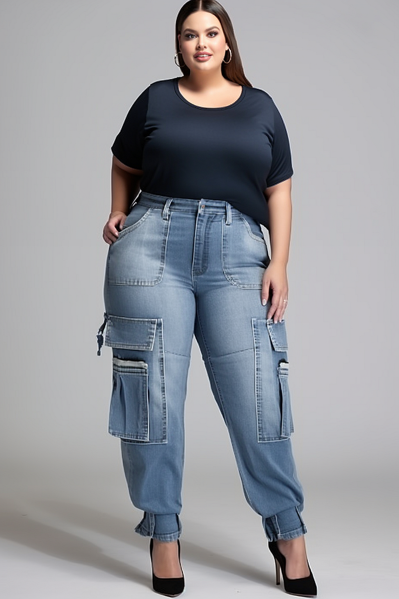 Xpluswear Plus Size Blue Daily Denim Asymmetric Waist With Pocket Cargo  Jeans