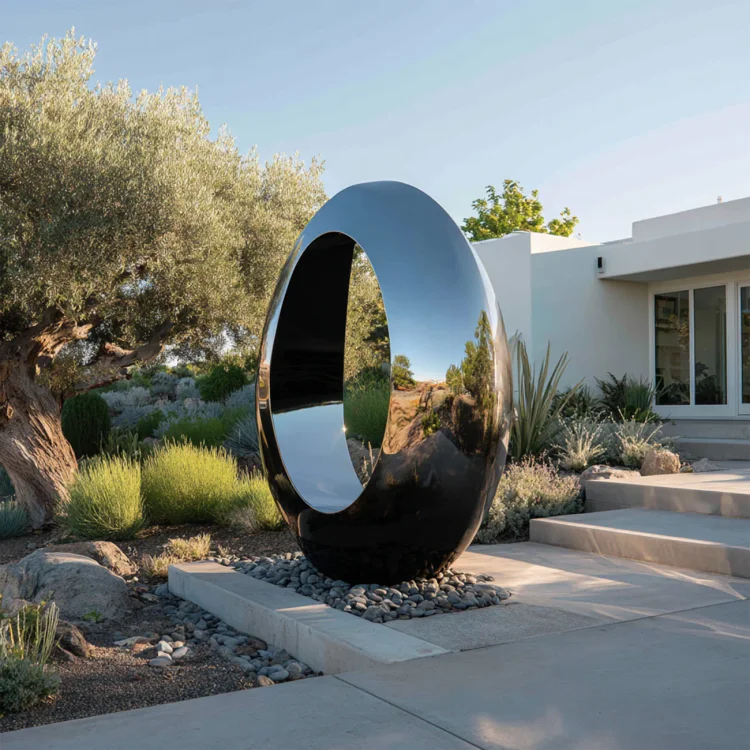 Abstract Stainless Steel Reflexion Ring Sculpture for Modern Gardens & Luxury Entrances