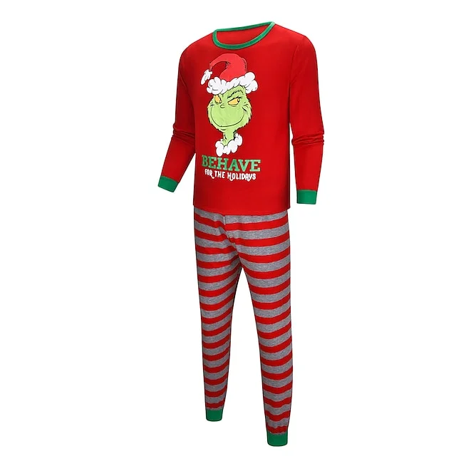 Christmas Matching Pajamas Grinch Print Daily Red Long Sleeve Set