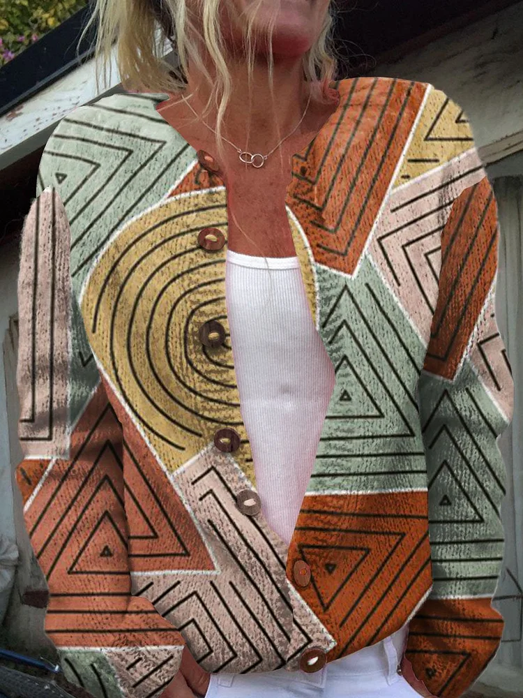 Retro Geometry Print Buttoned Cardigan Sweater