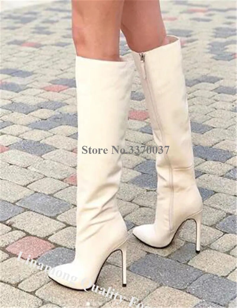 VCSHOES Pointed Toe Stiletto Heel Knee High Boots White Leather Side Zipper-up Long High Heel Boots Formal Dress Shoes