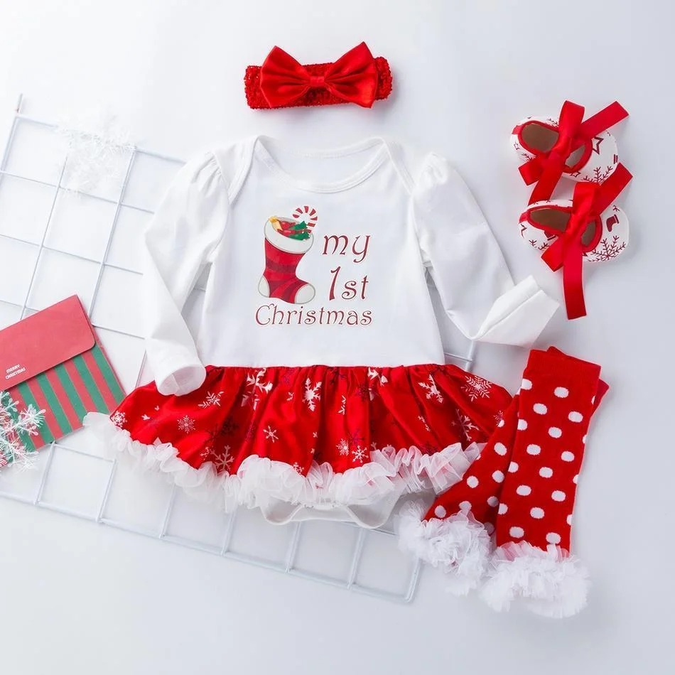 4PCS My First Christmas Bodysuit Dress Set