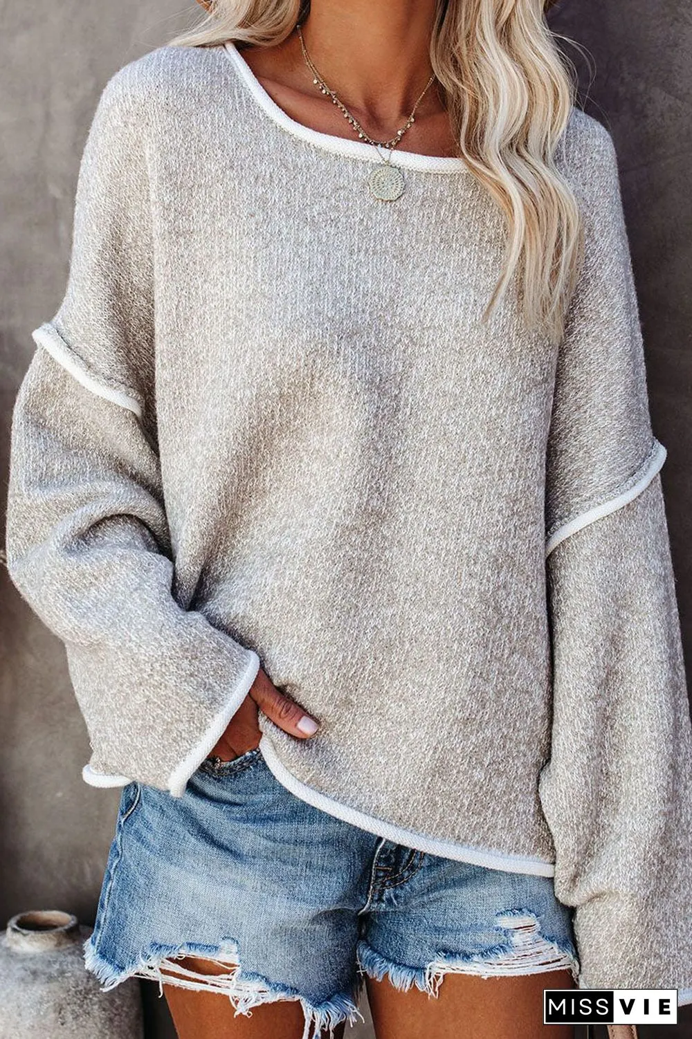 Fashion Street Solid Patchwork O Neck Sweaters(3 colors)