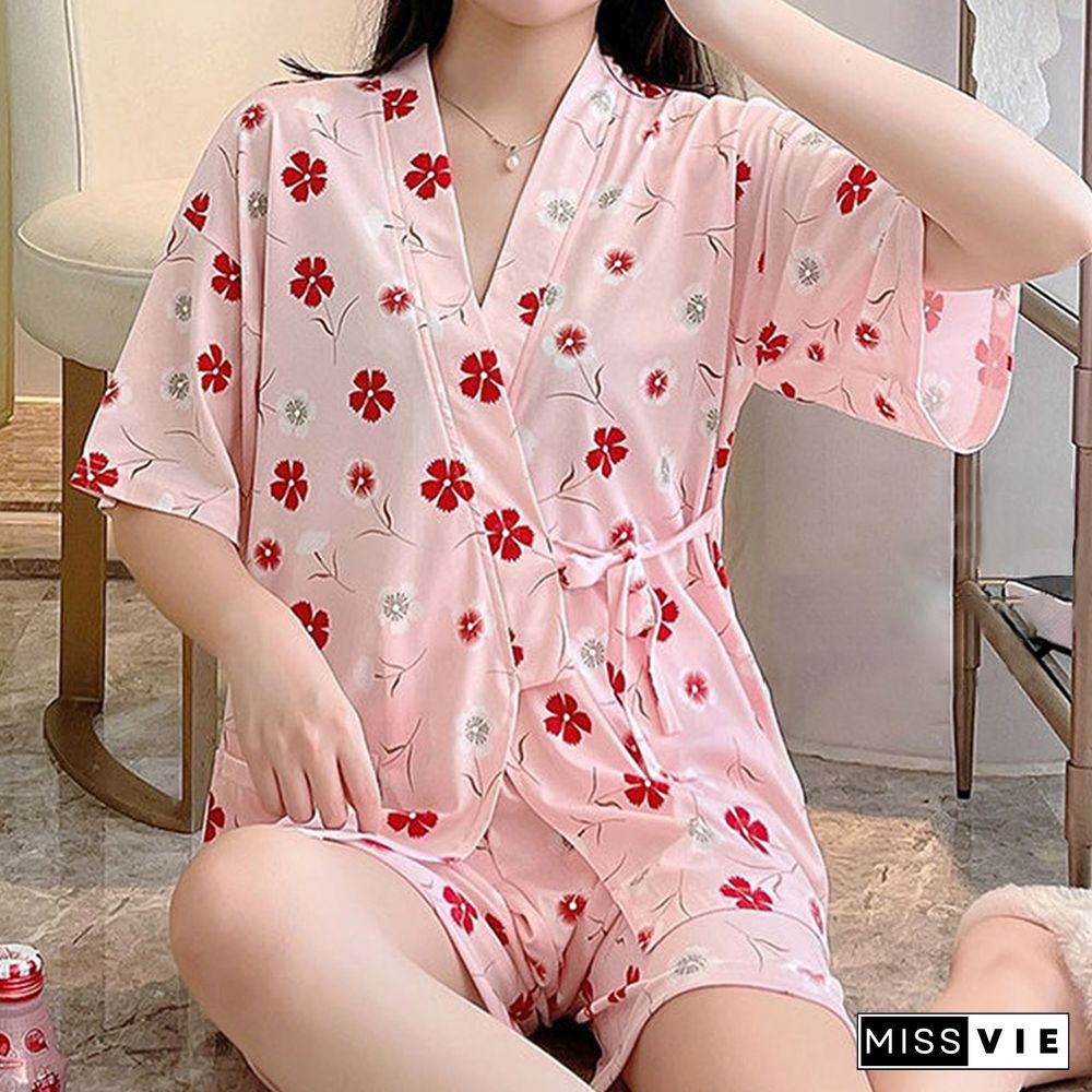Floral Print Kimono Lace Up Pajamas Set