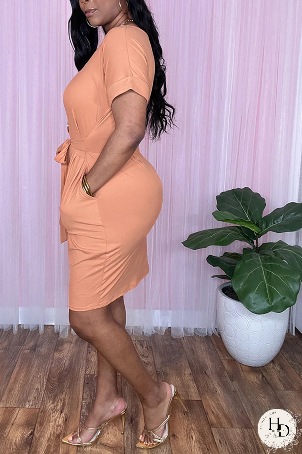 Rose Red Casual Print Patchwork O Neck Waist Skirt Dresses