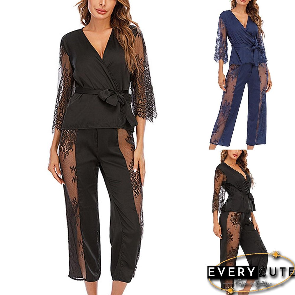 Women 2 Piece Set Sexy Two Piece Fashion Sexy Lace Sets Wear Lounge Wear Pocket Home Sleep Set Tops+pants Suit Female#f30