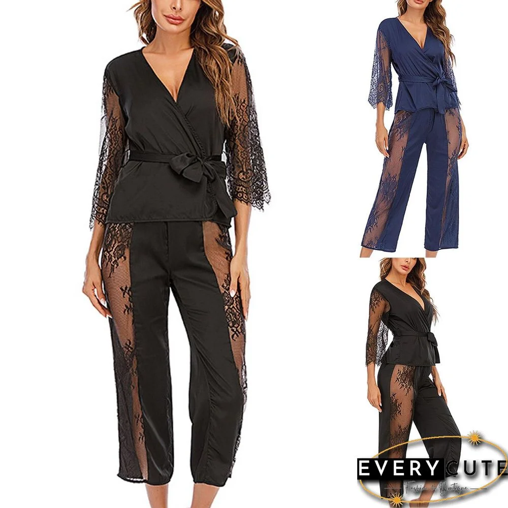 Women 2 Piece Set Sexy Two Piece Fashion Sexy Lace Sets Wear Lounge Wear Pocket Home Sleep Set Tops+pants Suit Female#f30