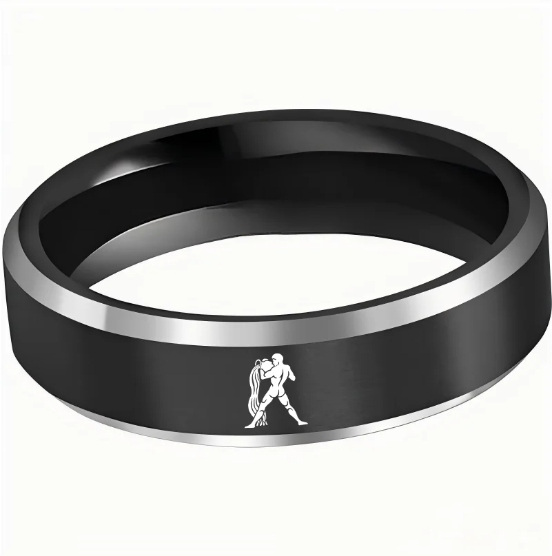 Beveled Edges Black Laser Etched Tungsten Carbide Rings Black Aquarius Couple Wedding Bands 4MM 6MM 8MM Width