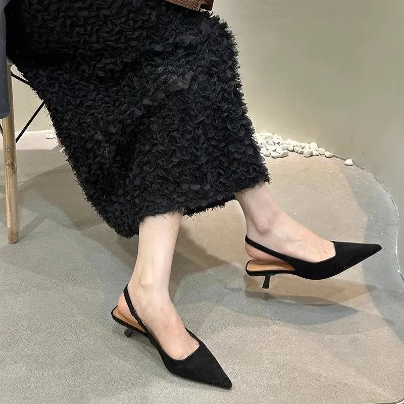 Breakj Breakj Retro Temperament Famous Head Pointed Sandals Women Summer Velvet Fine Heel Fairy High Heels Behind Empty Single Shoes