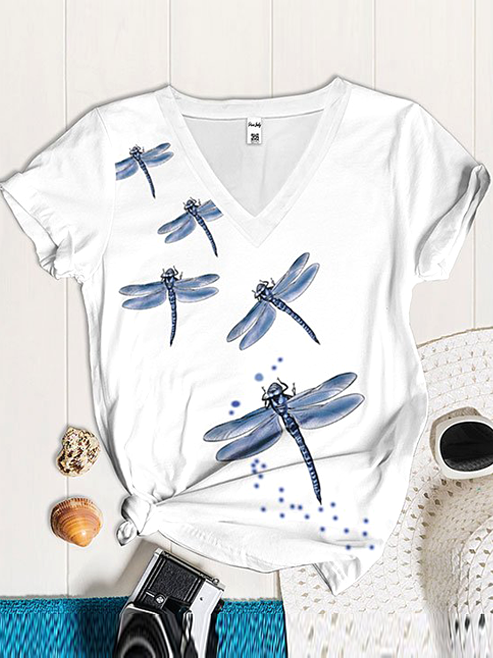 Women's Dragonfly Printed Short Sleeve V-Neck T-Shirt socialshop