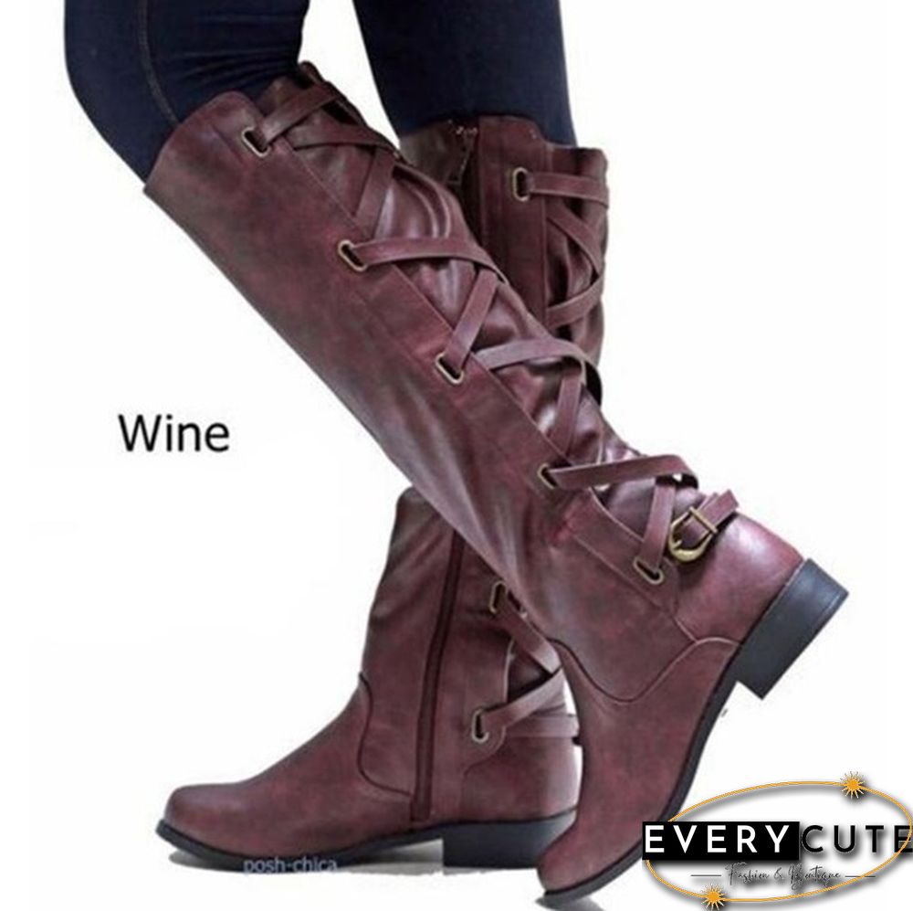 Women Winter Low Heel Belt Buckle Riding Leather Boots Knee High Cowboy Boots (Please Choose A Larger Size)
