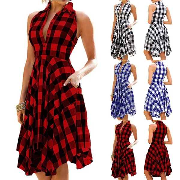 New Fashion Women Sleeveless Plaid Dess Vintage Dress Summer Knee-length Casual Dress Party Dress