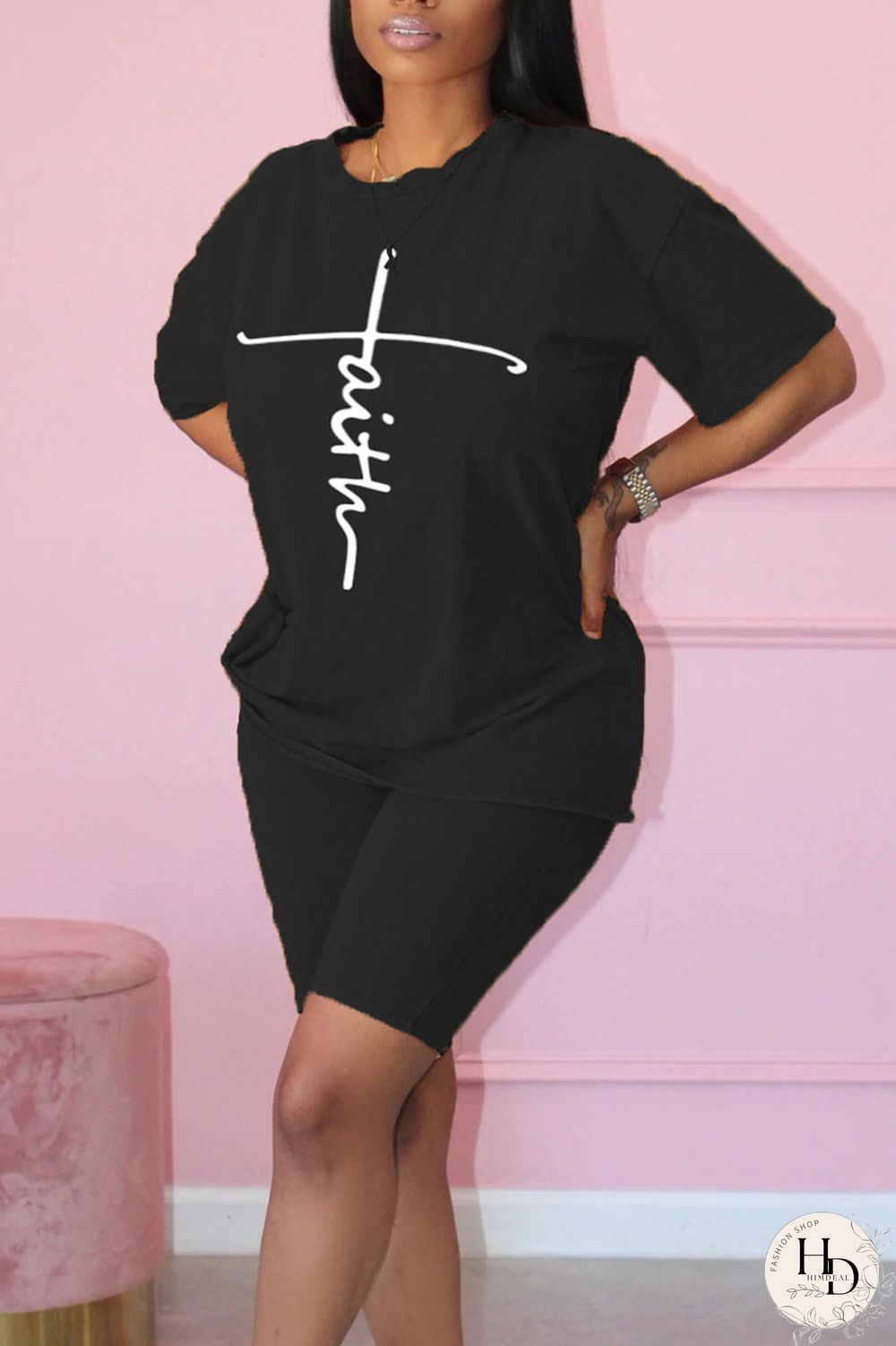 Black Casual Print Patchwork O Neck Short Sleeve Two Pieces