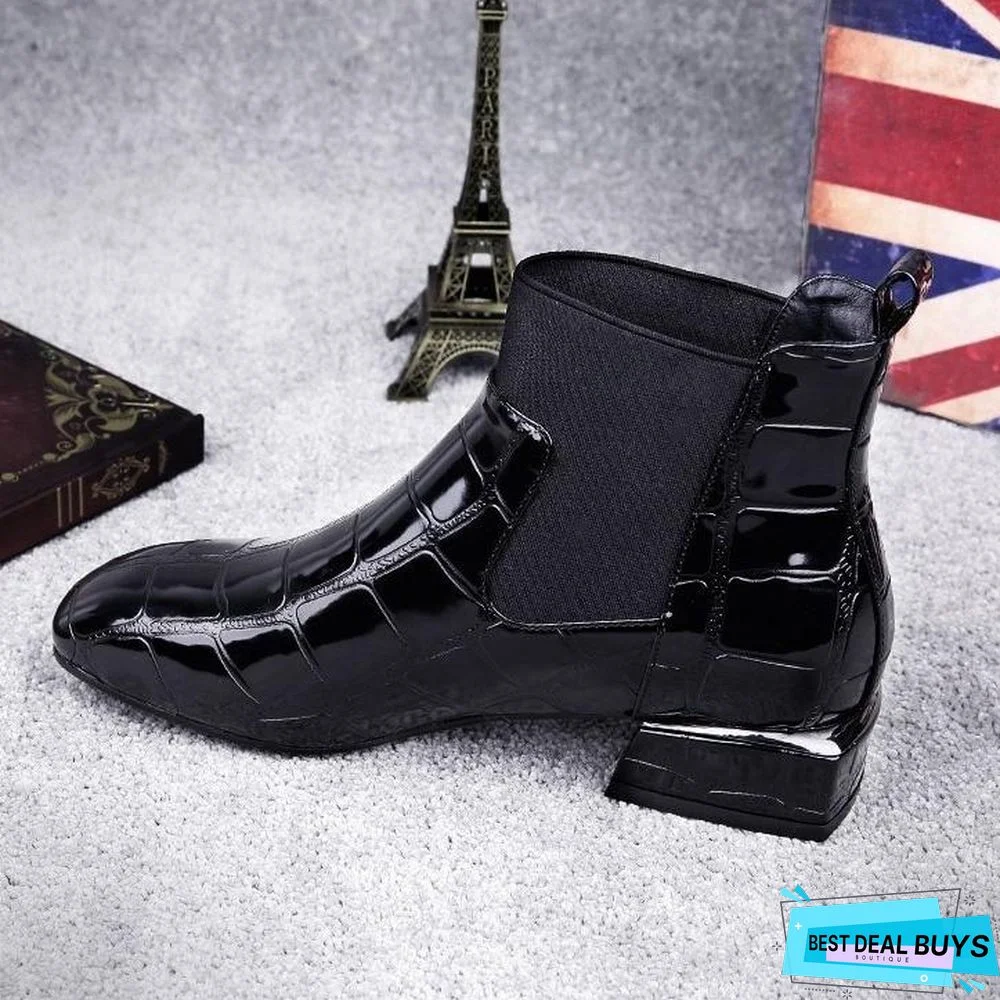 Chic Women Boots Shiny Pu Leather Autumn Winter Shoes Woman Square Toe Block Heels Ankle Boots