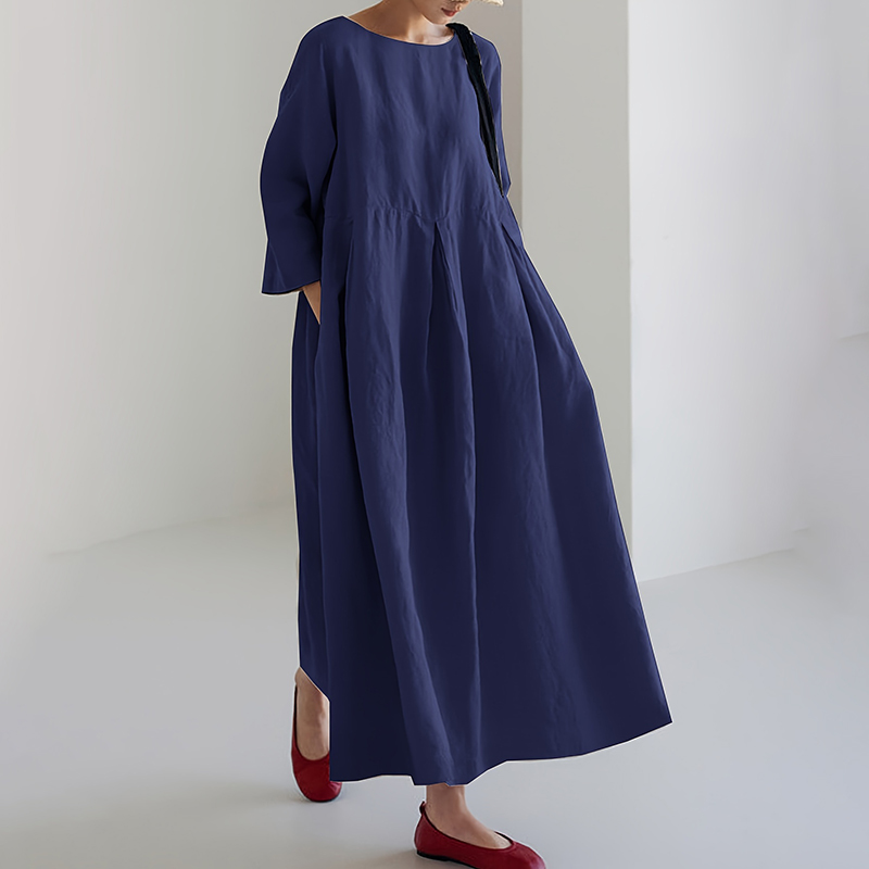 Women's Solid Color Cotton Linen Print Maxi Dress