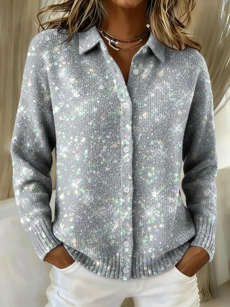 Women's Sparkling Printed Collared Sweater