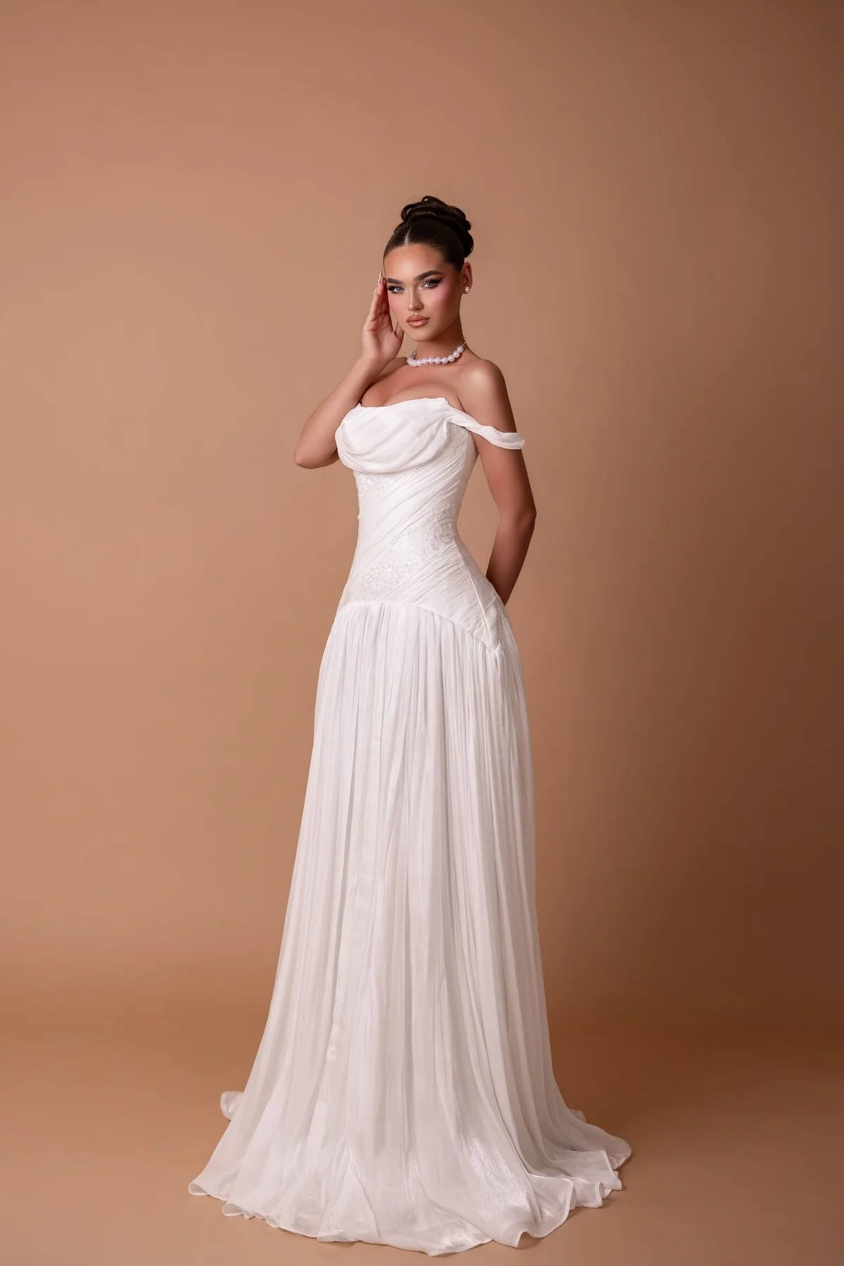 Lussooy White Charming Off-the-Shoulder A-Line Evening Dress in Chiffon