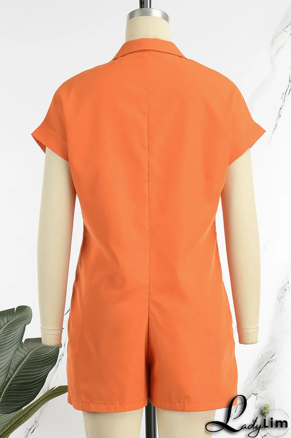 Orange Casual Solid Patchwork Turndown Collar Regular Romper