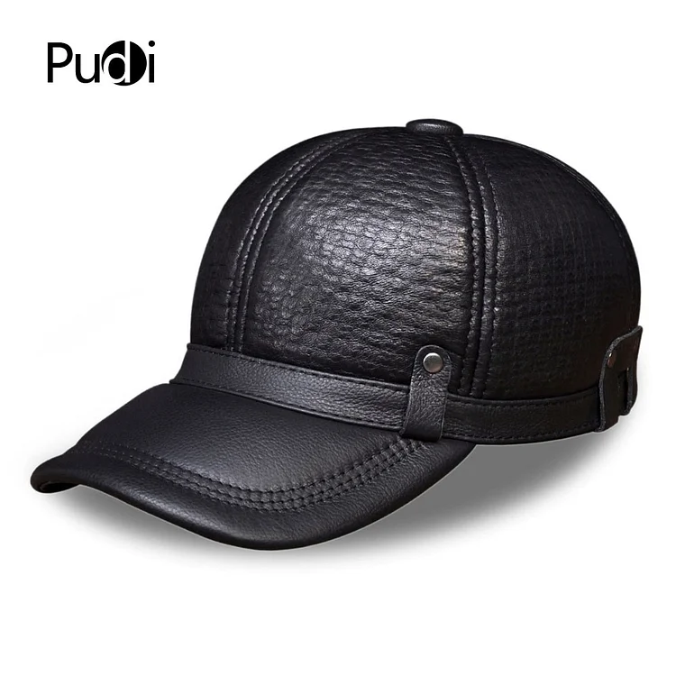 HL070 Mens Genuine Leather Baseball Cap BrandStyle Winter Warm Russian Real Leather Black Caps Mens Hats