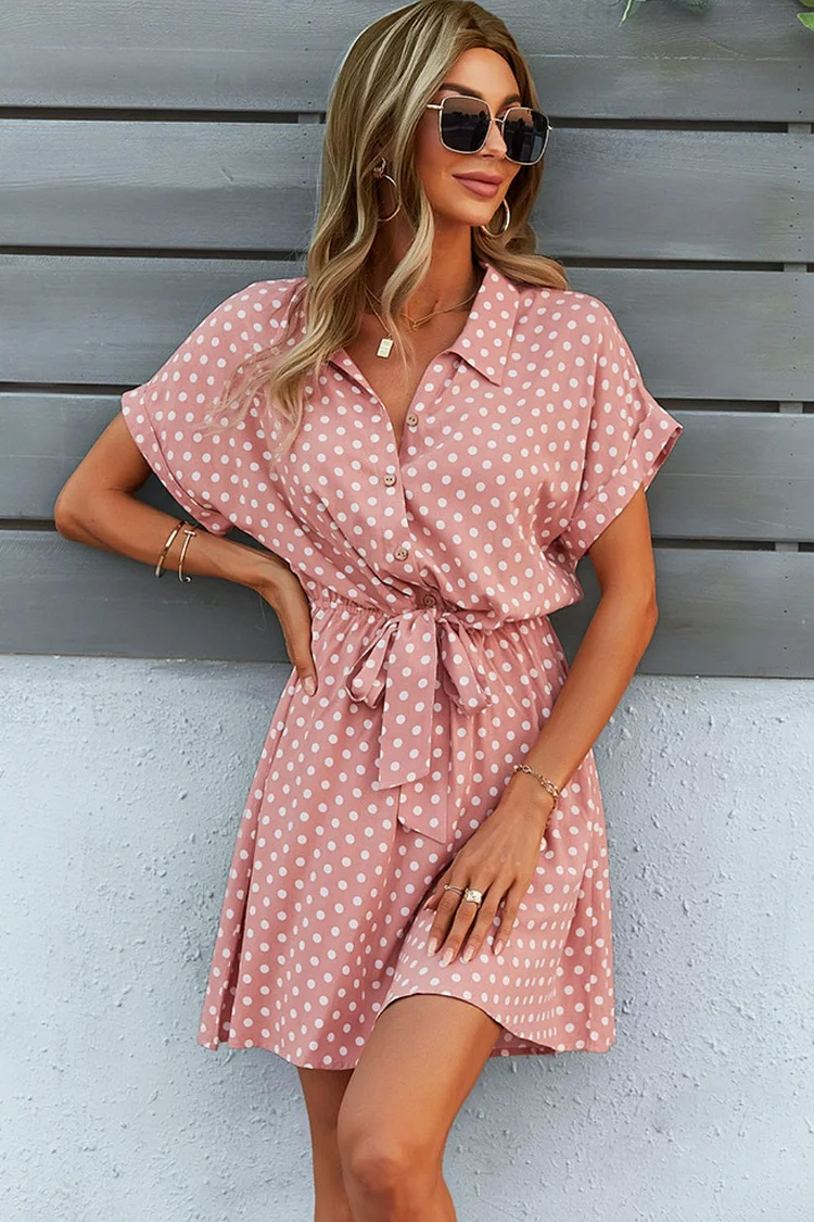 Polka Dot Half Button Tied Mini Shirt Dress