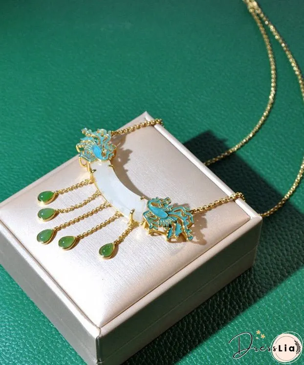 Style White Jade Enamel Phoenix Lariat Necklace