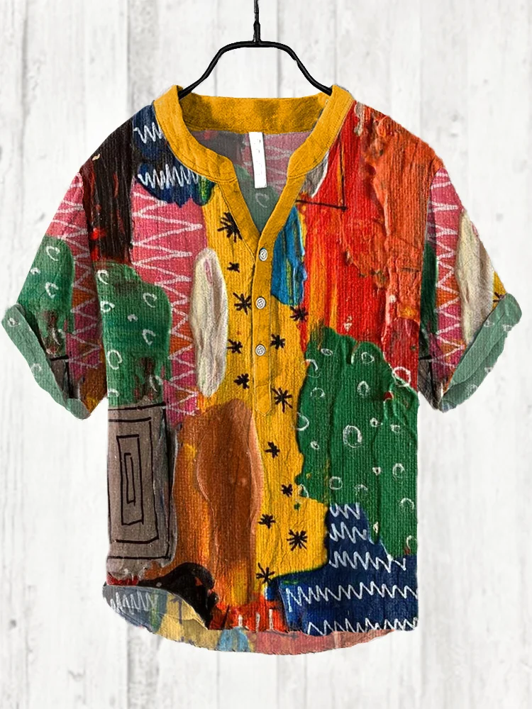 Men's Retro Aboriginal Stitching Art Printed Half-Button Linen Blend Shirt