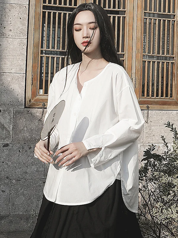 Simple Loose Long Sleeves Split-Side Solid Color Blouse