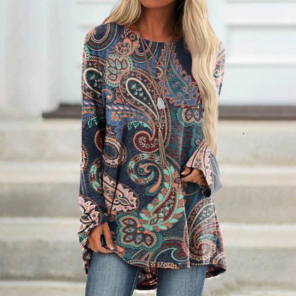 Vefave Vintage Floral Print Long Sleeve Casual Tunic