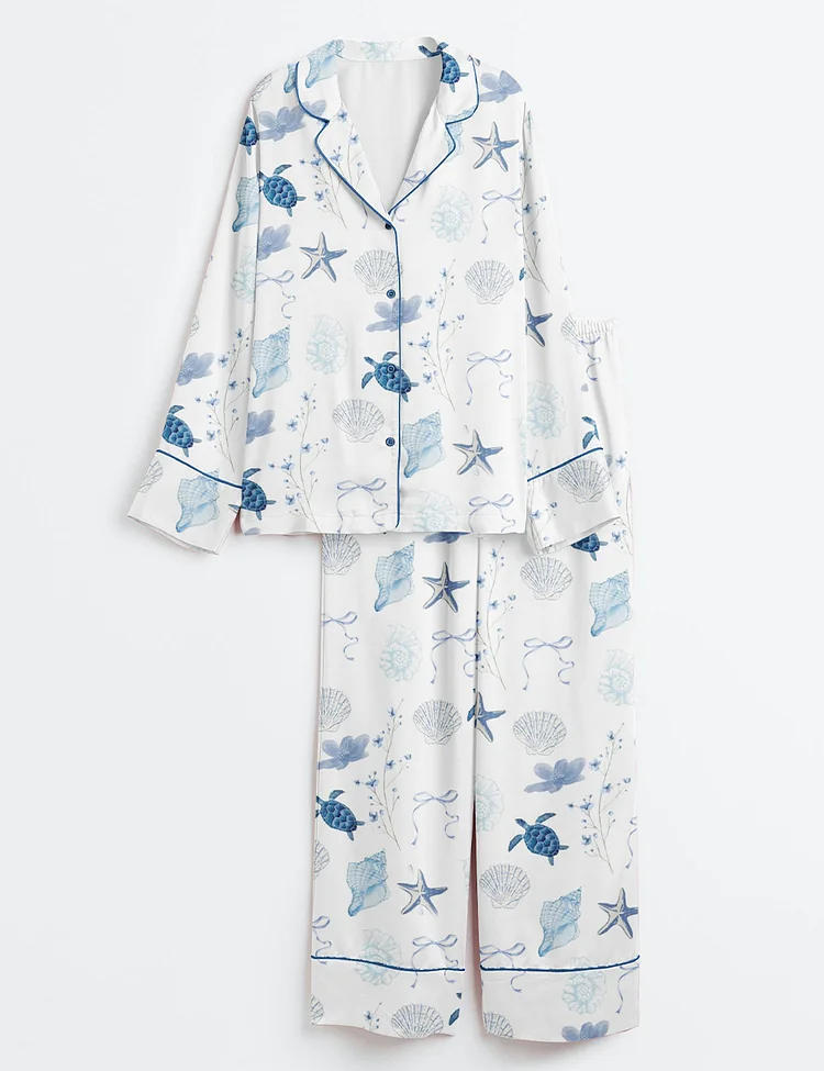 Women&rsquo;s Summer Beach Ocean Coastal Summer Nautical Turtle Conch Bow Long Sleeve Satin Pajama Set