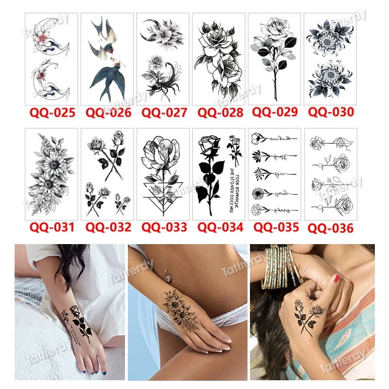 12Pcs/Set Waterproof Temporary Tattoo Sticker Small Rose Daisy Peony Flash Tatoo Flower Hand Ankle Wrist Fake Tatto For Body Art