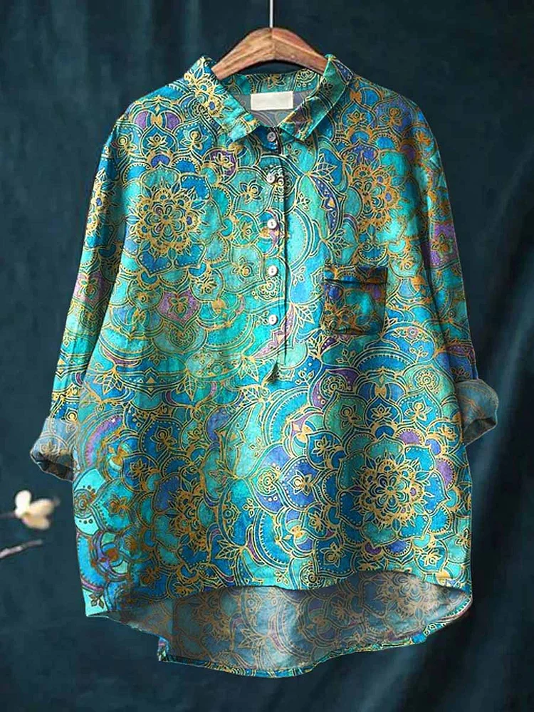 WomenS Artistic Rose PatternCasual Cotton And Linen Shirt