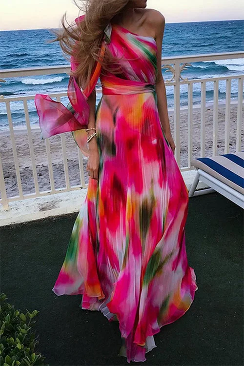 Bow Knot One Shoulder Waisted Pleated Maxi Rainbow Dress