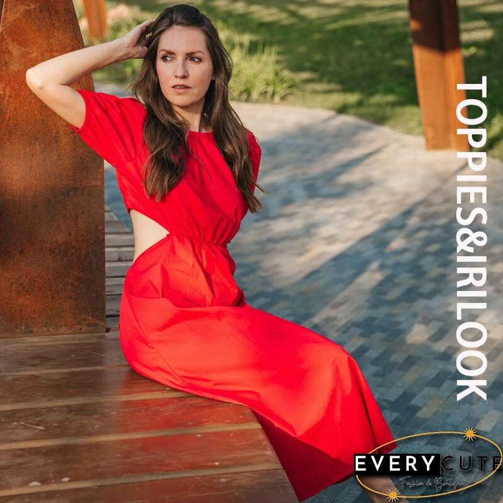 Toppies Summer Dress Sexy Hollow Out Backless Midi Dress Puff Sleeve Vacation Beach Dress