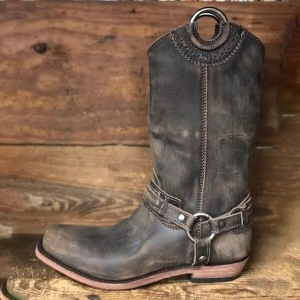 Women Boots 2020 Autumn Vintage Brown PU Leather Cowboy Square Toe Mid-Calf Boots Outdoor Slip On Metal Buckle Ladies Boots