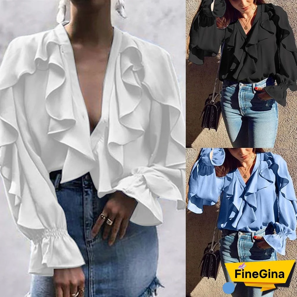 Womens Long Sleeve Shirt Chiffon Blouse Ruffle V Neck Irregular Streetwear Casual Loose Ladies Tops Plus Size S-5XL