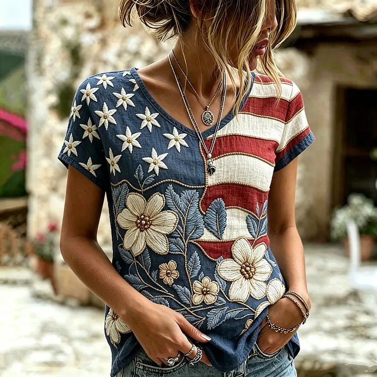 Women's Vintage Patchwork Art Print V Neck Short Sleeve T-shirt