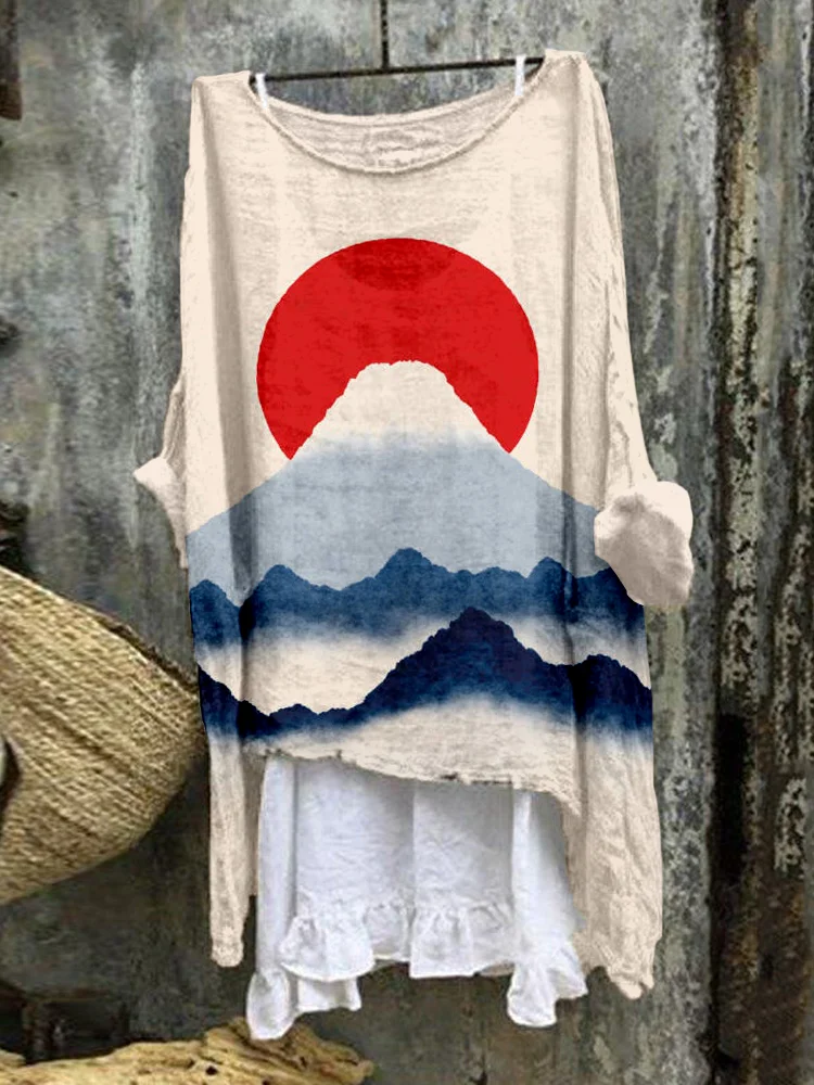 Rising Sun Mount Fuji Japanese Art Linen Blend Tunic