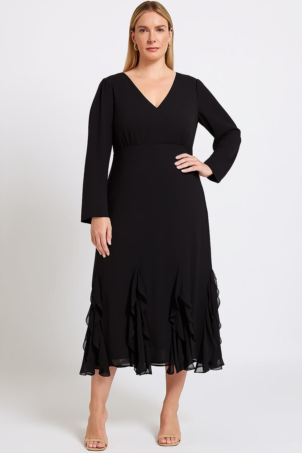 Flycurvy Plus Size Everyday Black Ruffle Hem Long Sleeve Midi Dress 2024 - Flycurvy 