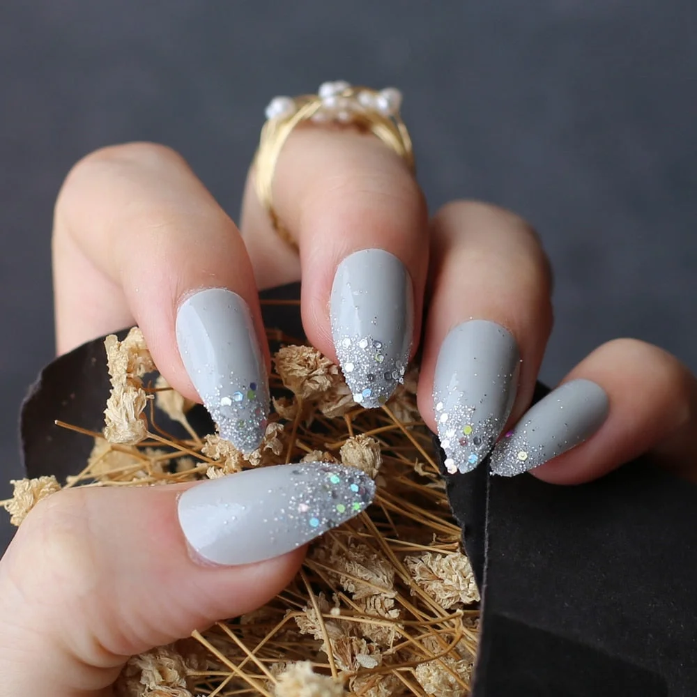Gray Ombre French glitter AB Short Stiletto UV Gel nude Fake Nails Black Shimmer Finger red false nail point tip pink Handmade-Nail Inspo
