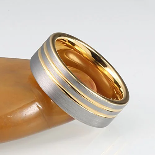 6MM 8MM Women's Or Men's Yellow Gold and Silver Tungsten Carbide Wedding Rings Double Offset Lines / Grooves,Pipe Cut Style And Comfort Fit