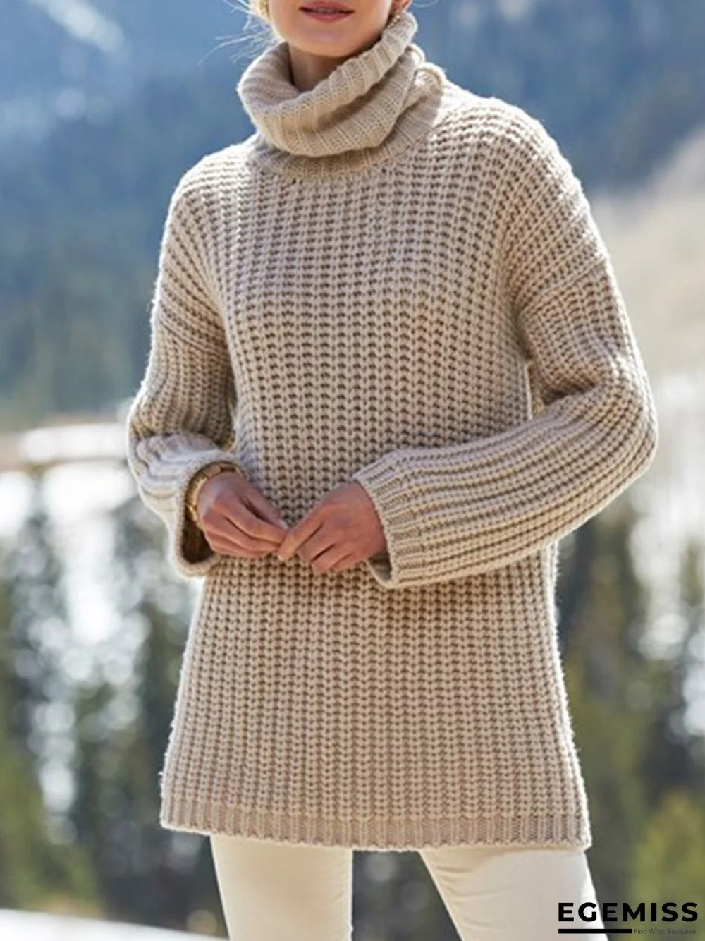 Apricot Long Sleeve Knitted Turtleneck plus size Sweater | EGEMISS
