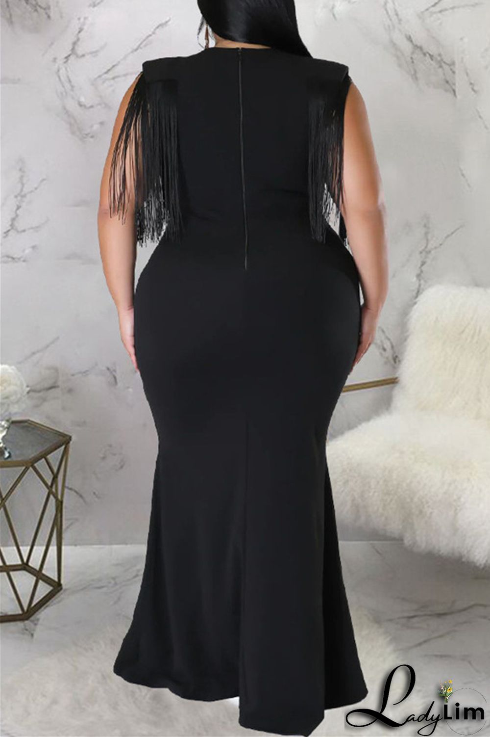 Black Fashion Casual Plus Size Solid Tassel Patchwork V Neck Long Dress